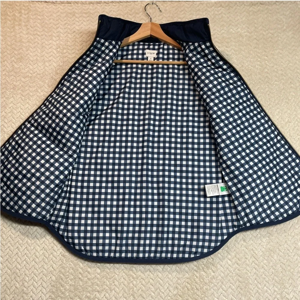 J.Crew Womens S‎ Navy Blue Puffer Zip Up Vest Gingham Print Snap Buttons Preppy